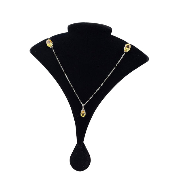 Citrine & Sterling Silver Necklace Earrings Set Thailand  Oval Cut Yellow Gemstones