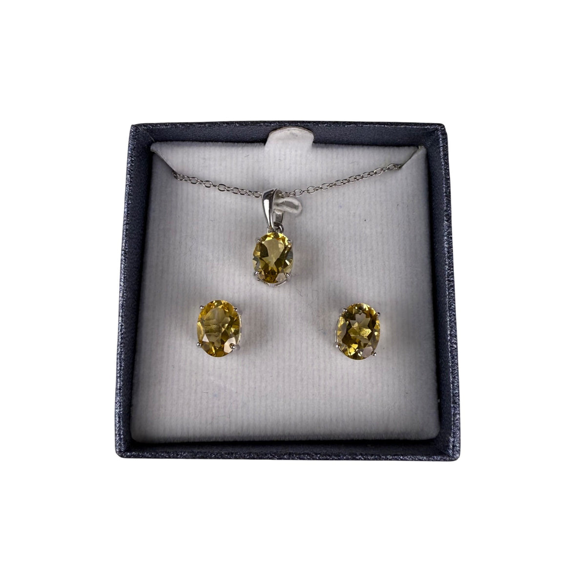 Citrine & Sterling Silver Necklace Earrings Set Thailand  Oval Cut Yellow Gemstones