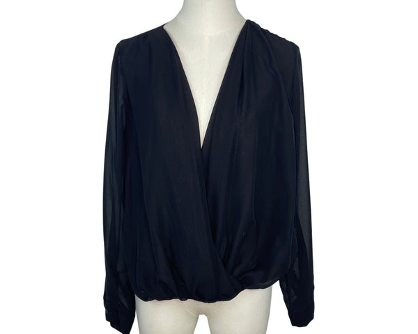 Liberty Love Womens Black Sheer Long Sleeve Wrap Blouse Size S - New