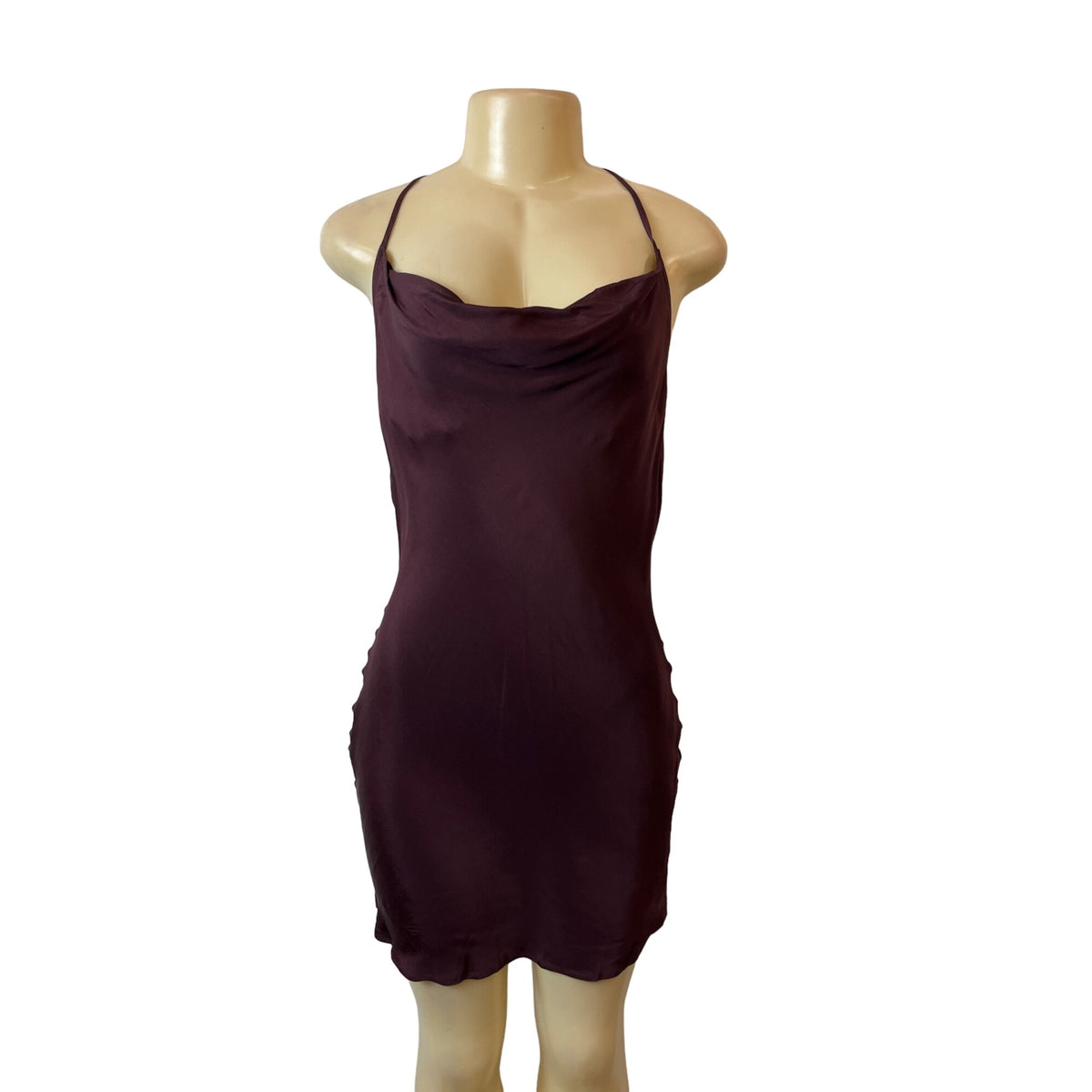 H&M Womens Burgundy Satin Cowl Neck Slip Dress With Strappy Back Sz S - New