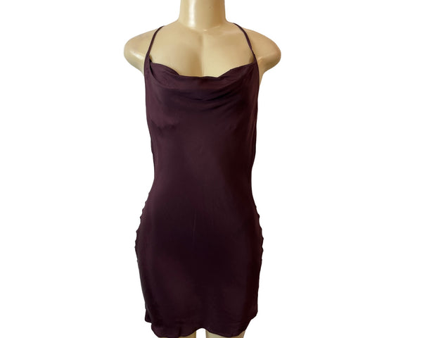 H&M Womens Burgundy Satin Cowl Neck Slip Dress With Strappy Back Sz S - New