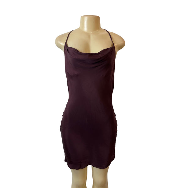 H&M Womens Burgundy Satin Cowl Neck Slip Dress With Strappy Back Sz S - New
