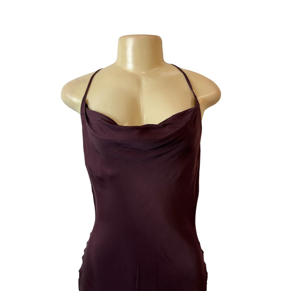 H&M Womens Burgundy Satin Cowl Neck Slip Dress With Strappy Back Sz S - New