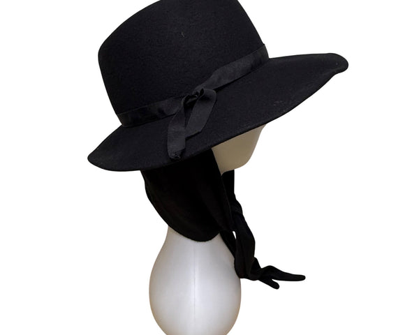 Michael Howard Womens Black Wool Wide-Brim Hat With Ribbon Band & Tied Scarf OS