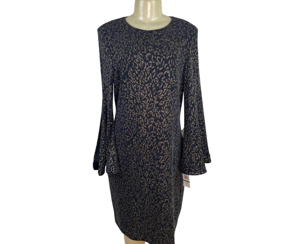 MSK Womens Metallic Knit Bell Sleeve Dress Black/Gold Keyhole Back Sz L - New