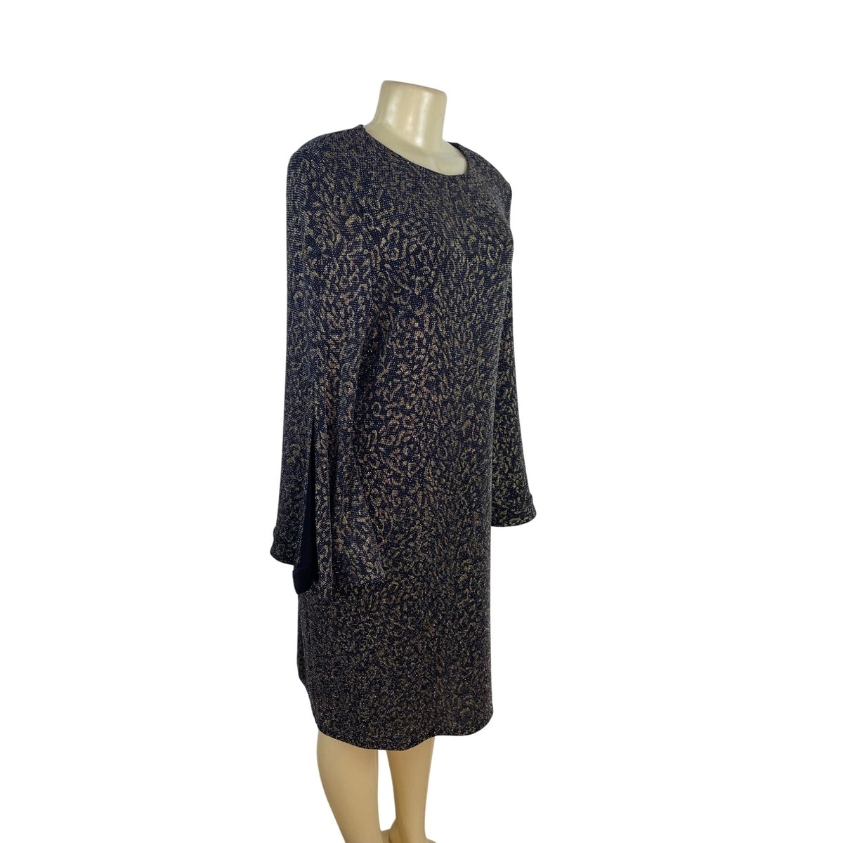 MSK Womens Metallic Knit Bell Sleeve Dress Black/Gold Keyhole Back Sz L - New