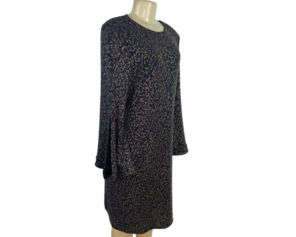 MSK Womens Metallic Knit Bell Sleeve Dress Black/Gold Keyhole Back Sz L - New
