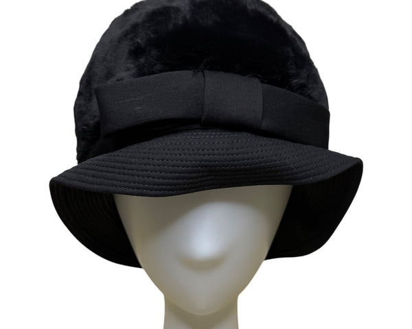Saks Fifth Avenue 1960s Womens Black Faux Fur Cloche Hat With Bow Red Lining