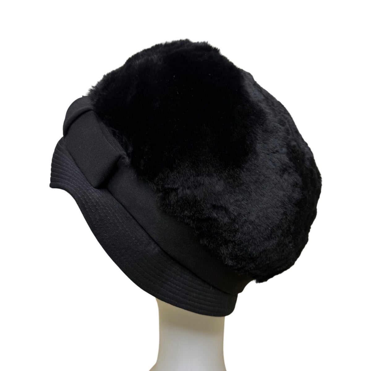 Saks Fifth Avenue 1960s Womens Black Faux Fur Cloche Hat With Bow Red Lining