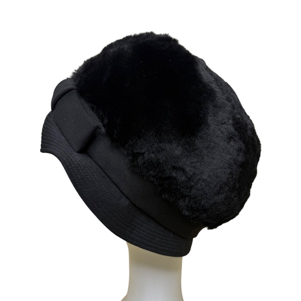 Saks Fifth Avenue 1960s Womens Black Faux Fur Cloche Hat With Bow Red Lining