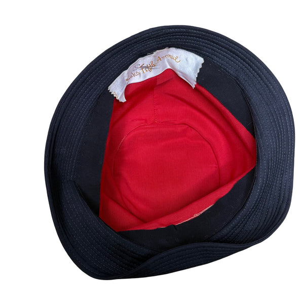 Saks Fifth Avenue 1960s Womens Black Faux Fur Cloche Hat With Bow Red Lining