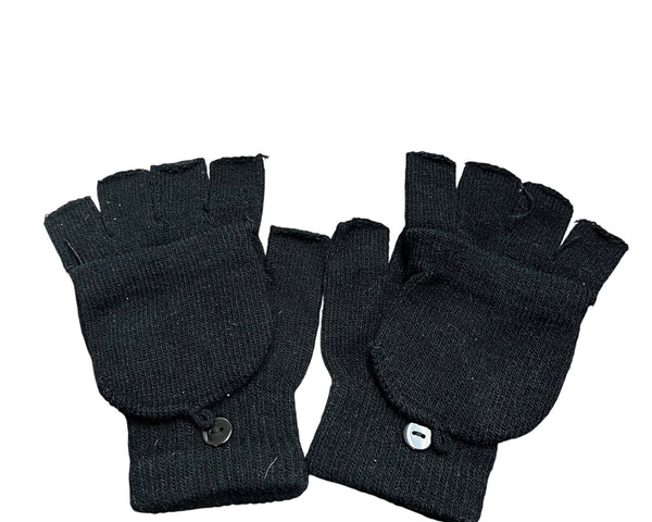Black Knit Fingerless Convertible Gloves Mittens Adults