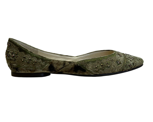Amanda Smith Olive Green & Copper Velvet Beaded Geenie Flat Shoes Size 7.5 M