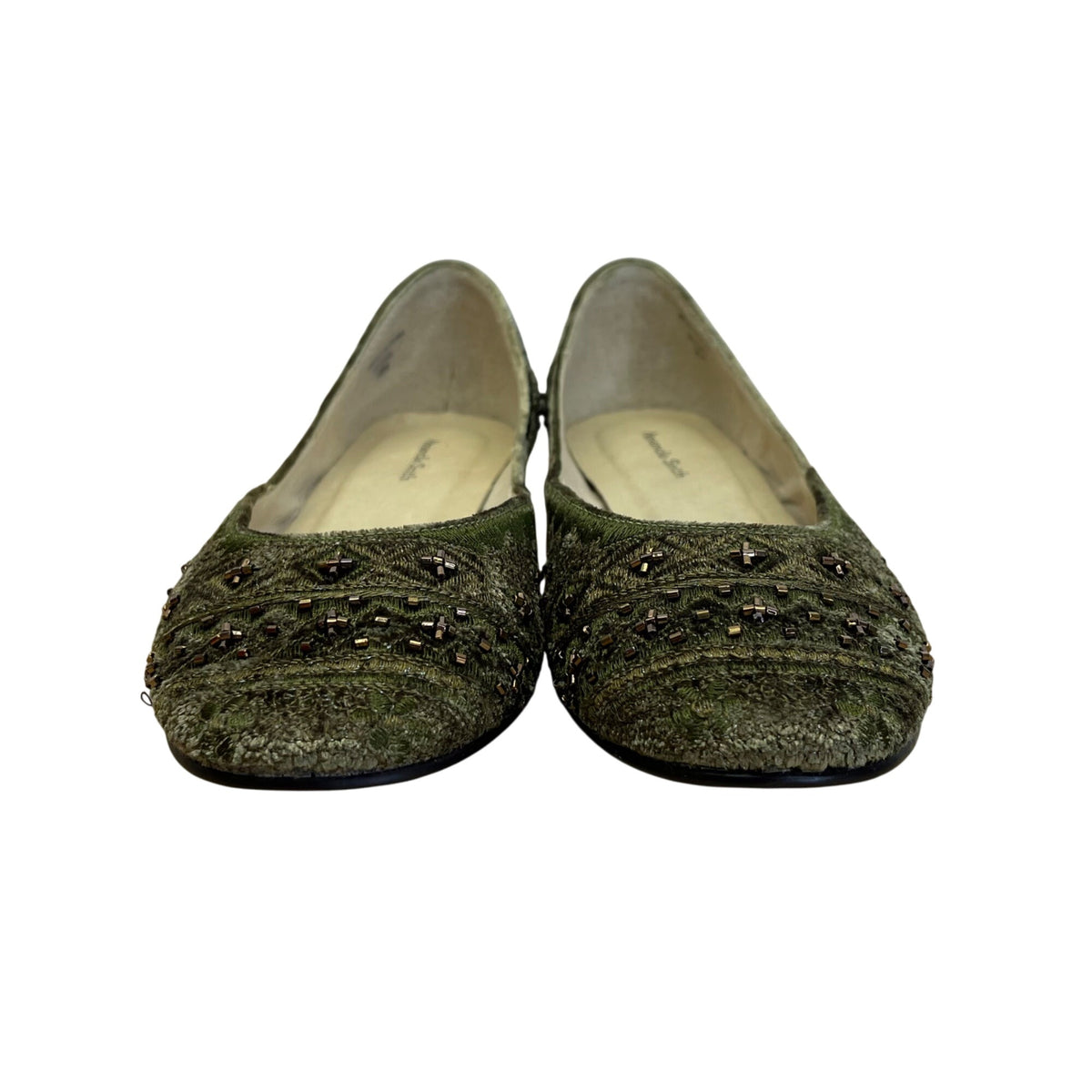 Amanda Smith Olive Green & Copper Velvet Beaded Geenie Flat Shoes Size 7.5 M