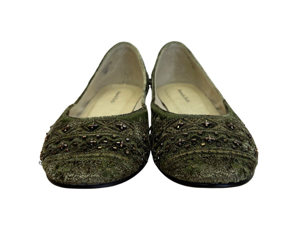 Amanda Smith Olive Green & Copper Velvet Beaded Geenie Flat Shoes Size 7.5 M