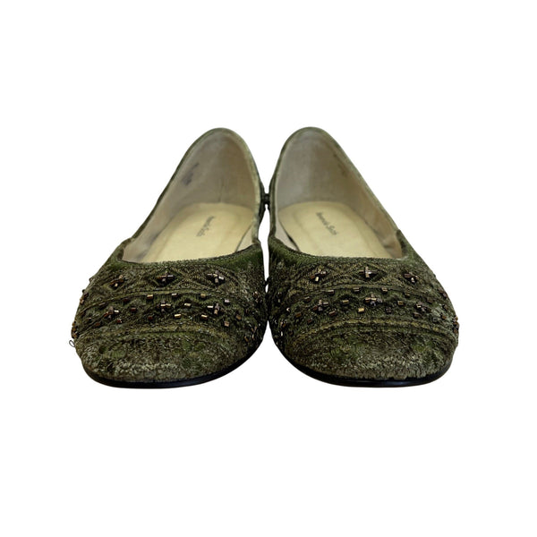 Amanda Smith Olive Green & Copper Velvet Beaded Geenie Flat Shoes Size 7.5 M