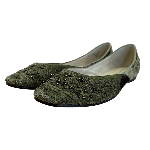 Amanda Smith Olive Green & Copper Velvet Beaded Geenie Flat Shoes Size 7.5 M