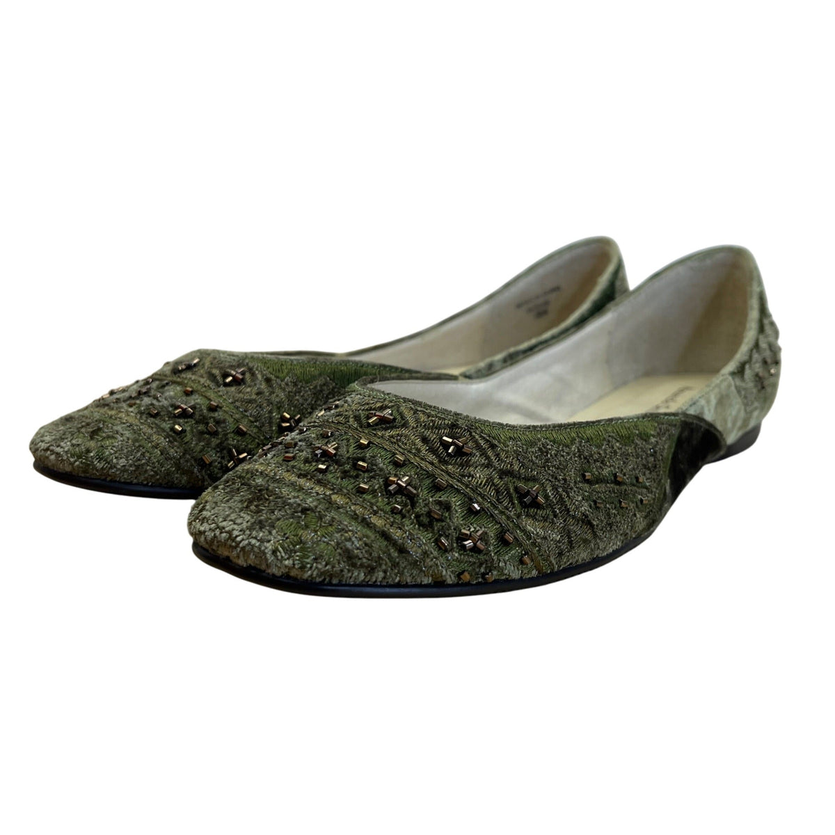 Amanda Smith Olive Green & Copper Velvet Beaded Geenie Flat Shoes Size 7.5 M