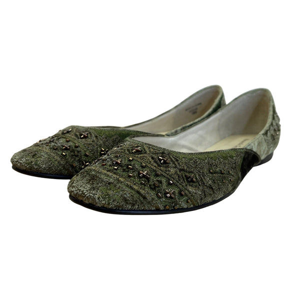 Amanda Smith Olive Green & Copper Velvet Beaded Geenie Flat Shoes Size 7.5 M
