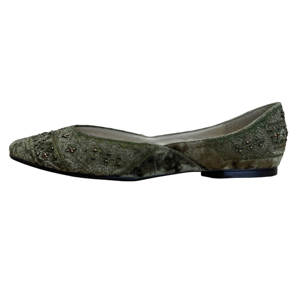 Amanda Smith Olive Green & Copper Velvet Beaded Geenie Flat Shoes Size 7.5 M