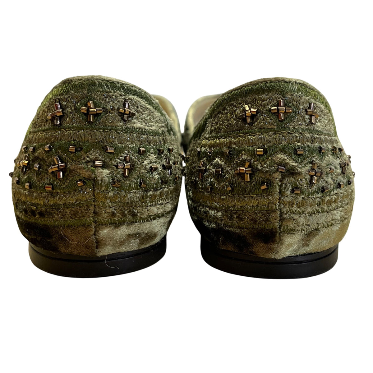 Amanda Smith Olive Green & Copper Velvet Beaded Geenie Flat Shoes Size 7.5 M