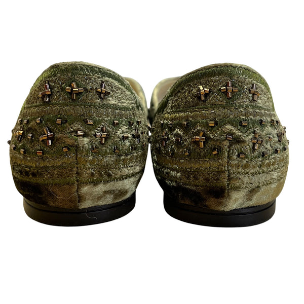 Amanda Smith Olive Green & Copper Velvet Beaded Geenie Flat Shoes Size 7.5 M