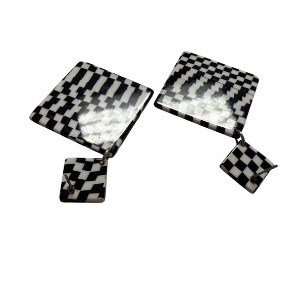 Retro Acrylic Black & White Geometric Dangle Earrings