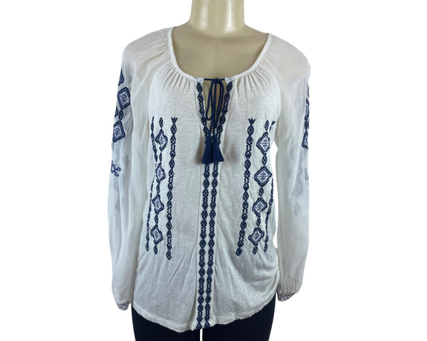 Lucky Brand Womens Boho White Blouse With Blue Embroidery & Tassel Tie Size XS