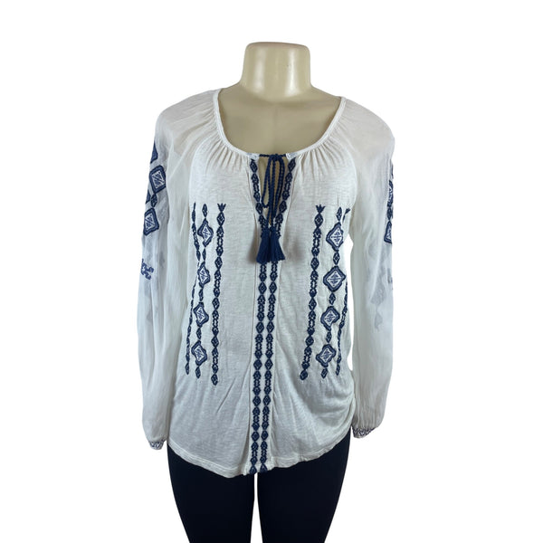 Lucky Brand Womens Boho White Blouse With Blue Embroidery & Tassel Tie Size XS