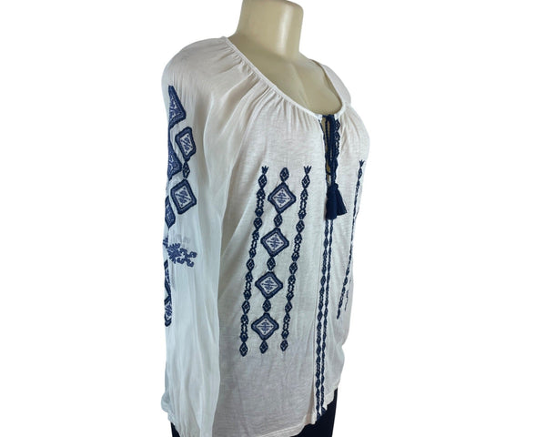 Lucky Brand Womens Boho White Blouse With Blue Embroidery & Tassel Tie Size XS