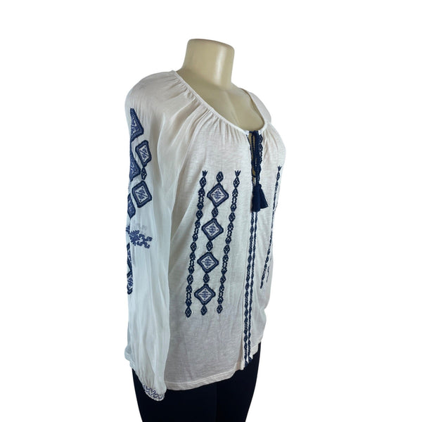 Lucky Brand Womens Boho White Blouse With Blue Embroidery & Tassel Tie Size XS