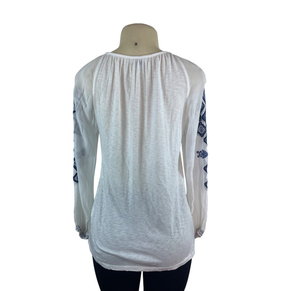 Lucky Brand Womens Boho White Blouse With Blue Embroidery & Tassel Tie Size XS