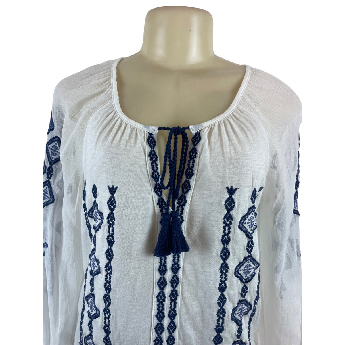 Lucky Brand Womens Boho White Blouse With Blue Embroidery & Tassel Tie Size XS
