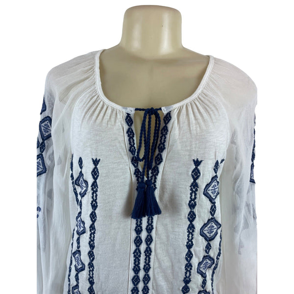 Lucky Brand Womens Boho White Blouse With Blue Embroidery & Tassel Tie Size XS