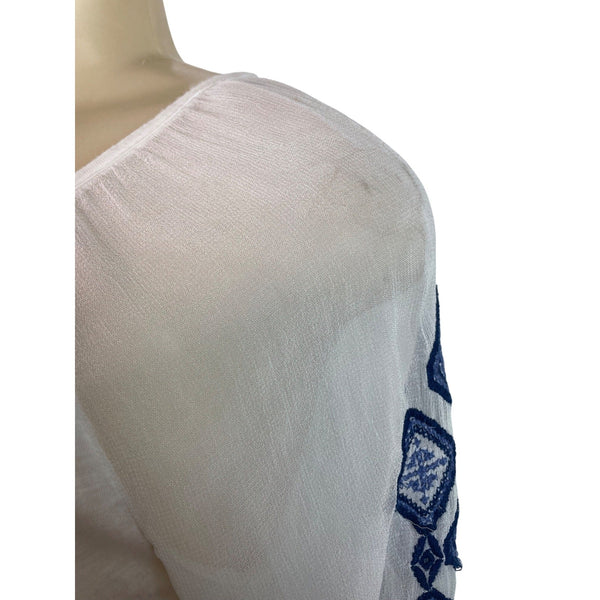 Lucky Brand Womens Boho White Blouse With Blue Embroidery & Tassel Tie Size XS