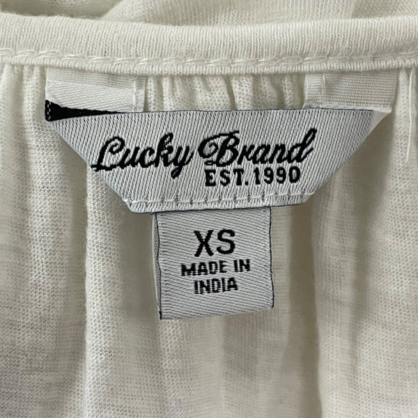 Lucky Brand Womens Boho White Blouse With Blue Embroidery & Tassel Tie Size XS