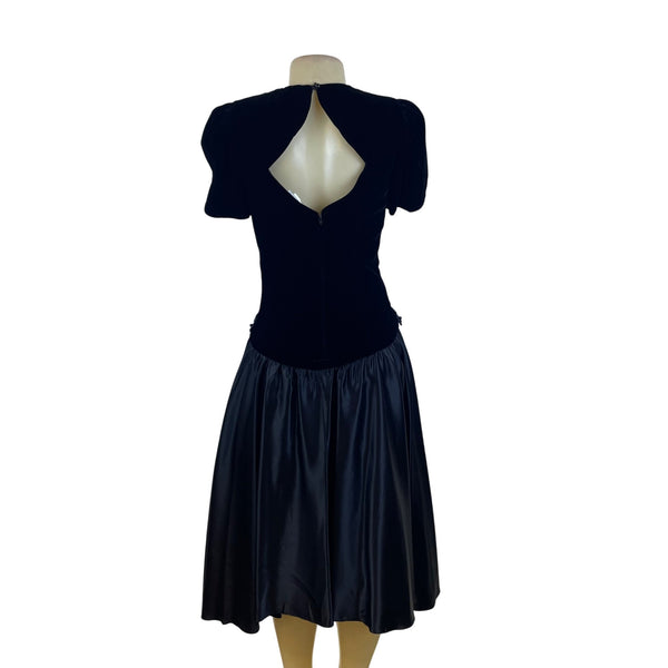 Vintage Niki Black Velvet Keyhole Back Midi Dress Beaded Accent Empire Size 6