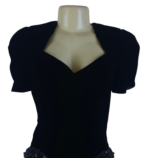 Vintage Niki Black Velvet Keyhole Back Midi Dress Beaded Accent Empire Size 6