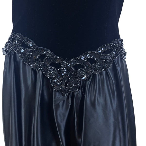 Vintage Niki Black Velvet Keyhole Back Midi Dress Beaded Accent Empire Size 6