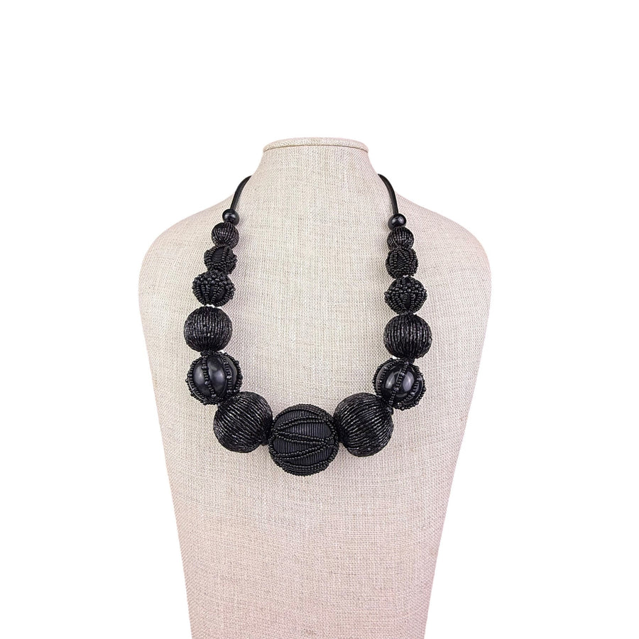 Black Beaded Adjustable Cord Necklace For Women Lightweight Textured Statement Jewelry