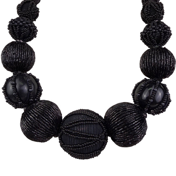 Black Beaded Adjustable Cord Necklace For Women Lightweight Textured Statement Jewelry