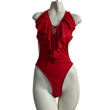 Lommitti Red Halter Neck Ruffled One-Piece Swimsuit Sz L