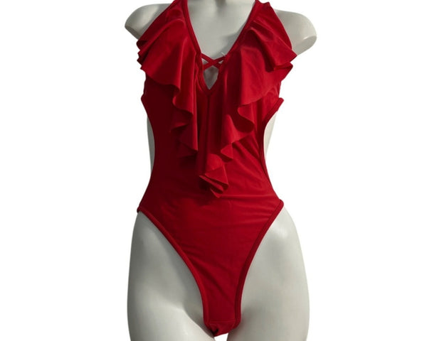 Lommitti Red Halter Neck Ruffled One-Piece Swimsuit Sz L