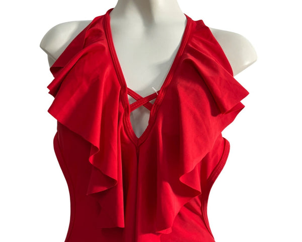 Lommitti Red Halter Neck Ruffled One-Piece Swimsuit Sz L