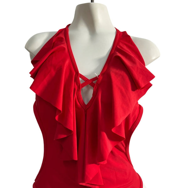 Lommitti Red Halter Neck Ruffled One-Piece Swimsuit Sz L