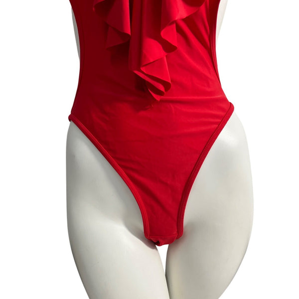 Lommitti Red Halter Neck Ruffled One-Piece Swimsuit Sz L