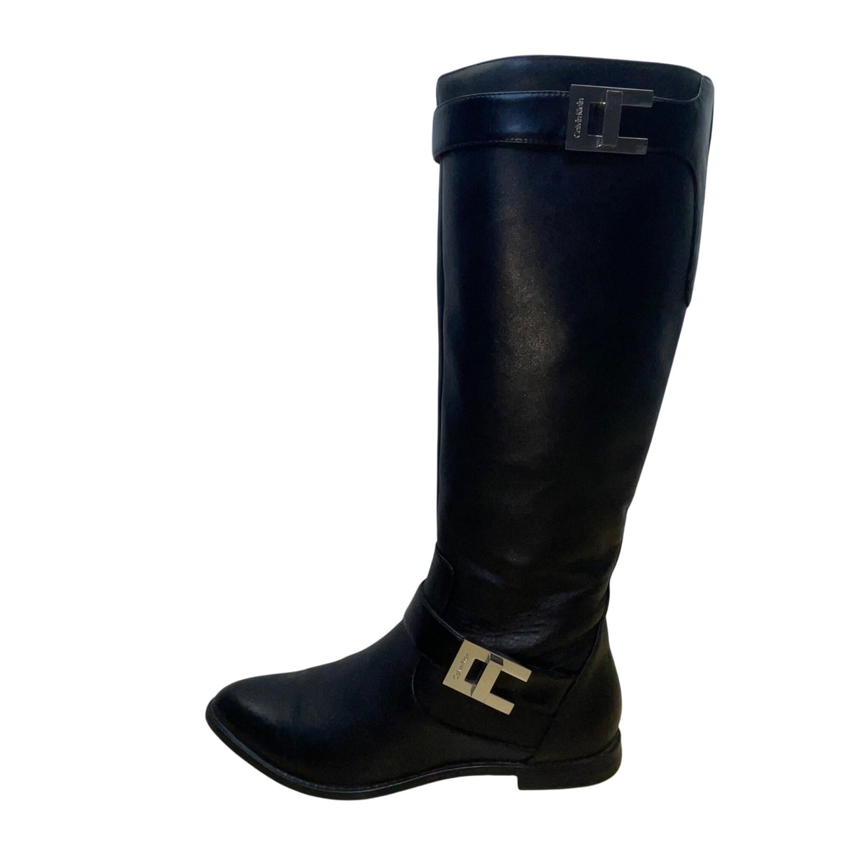 Calvin Klein Women’s Black Leather With Metal Buckles  Knee-High Boots Size 6M