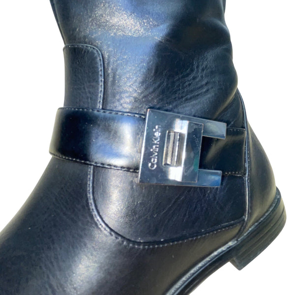 Calvin Klein Women’s Black Leather With Metal Buckles  Knee-High Boots Size 6M