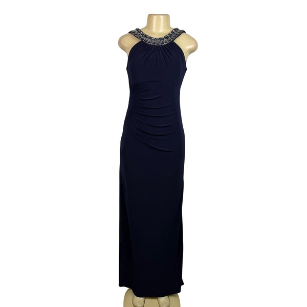 Xscape Womens Navy Polyester Beaded Halter Maxi Dress Elegant Formal Wear Sz 6