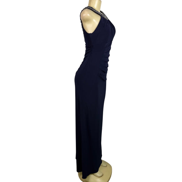 Xscape Womens Navy Polyester Beaded Halter Maxi Dress Elegant Formal Wear Sz 6